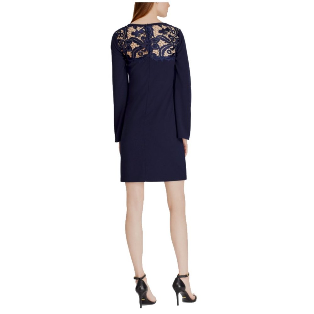 NWT Womens Size 6 Lauren Ralph Lauren LRL Navy Blue Lace-Yoke Crepe Shift Dress - Picture 4 of 4